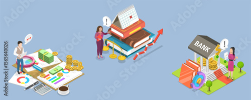 3D Isometric Flat Vector Illustration of Online Banking, Set Of Financial Scenes