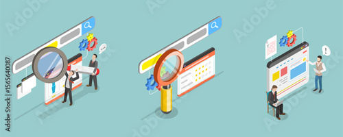 3D Isometric Flat Vector Illustration of SEO Analysis, Keyword Research and Optimization