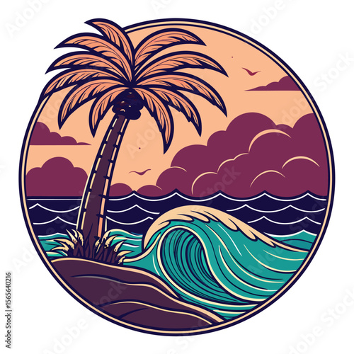 Tropical beach palm tree ocean wave sunset vector