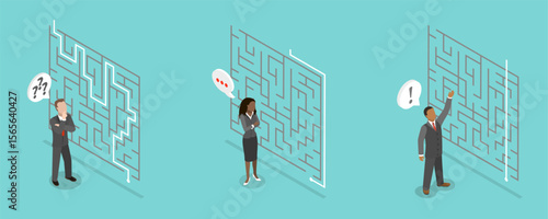 3D Isometric Flat Vector Illustration of Different Approach , Businessmen Propose Unique Solution To Overcome Challenging Maze.