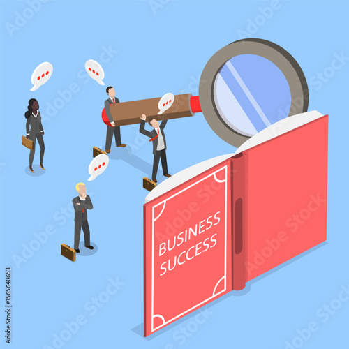 3D Isometric Flat Vector Illustration of Teamwork and Guidance, Joyful Professionals Reading Large Book On Achieving Success In Business As A Team.