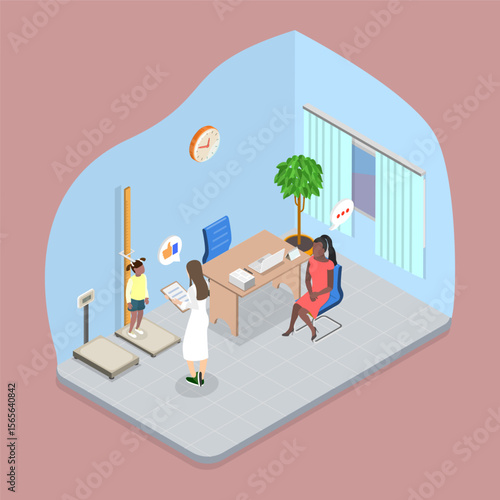 3D Isometric Flat Vector Illustration of Family Doctor, Child Visiting Physician in Hospital