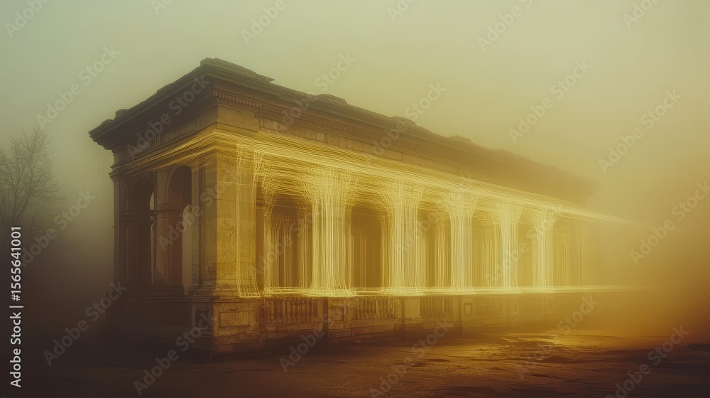 Fototapeta premium An ancient structure shrouded in golden mist.