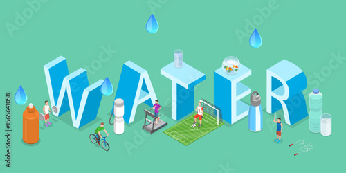 3D Isometric Flat Vector Illustration of Drink More Water, Characters Stay Hydrated