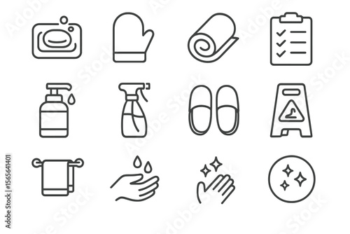 Cleaning and hygiene icons set: soap, gloves, towel, checklist, sanitizer