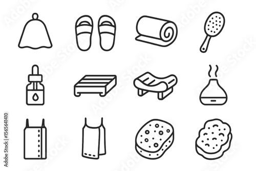 Spa icon set featuring bathrobe, slippers, towel, aromatherapy, and skincare items