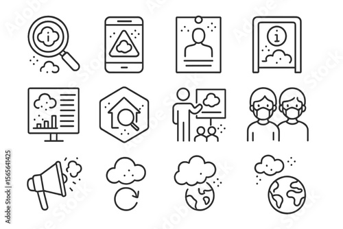 Weather icons: smartphone, presentation, masked figures, globe, cloud data