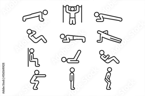 Outline icons of various exercise poses on dark background