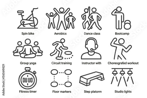 Fitness symbols collection: yoga, aerobics, dance, circuit training icons