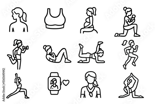 Female fitness icons for exercise and yoga