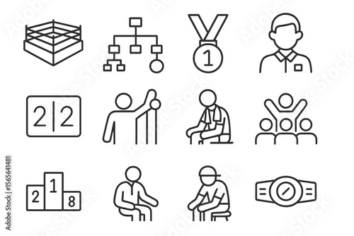 Boxing icons set: ring, medal, referee, podium, belt, winner