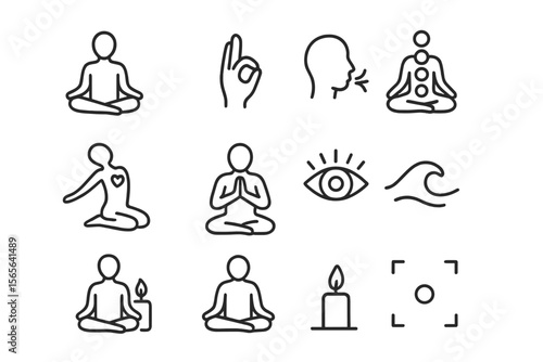 Minimalist meditation icon set featuring various yoga and mindfulness symbols