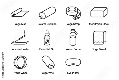 Essential yoga accessories: mat, bolster, strap, block, incense holder, oil, bottle