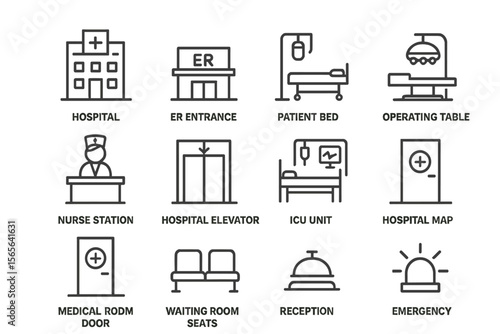 Hospital icons featuring er, patient bed, operating table, nurse station, elevator