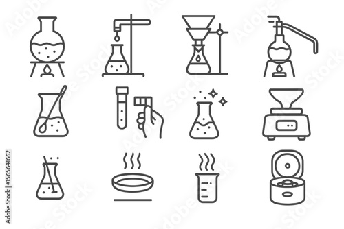 Laboratory equipment icons featuring beakers and flasks on dark background