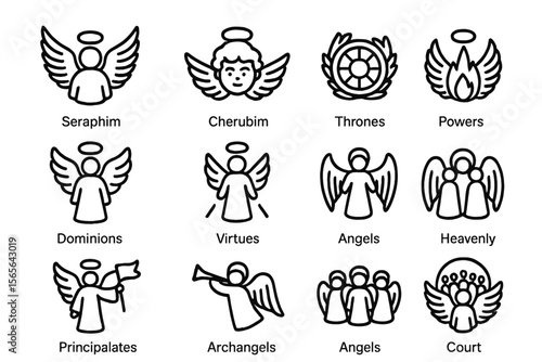 Christian angelic hierarchy icons: seraphim, cherubim, thrones, powers, more