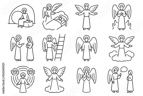 Illustrated angels in various biblical scenes with wings and halos