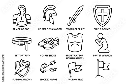 Christian armor symbols: faith, salvation, spirit, truth, righteousness