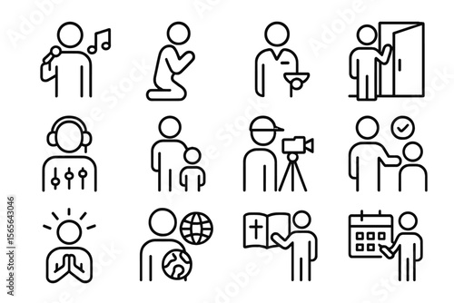 Diverse professions and activities in simple black line icons