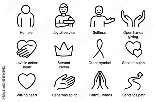 Icons of service: humble, joyful, selfless, open hands, heart, crown