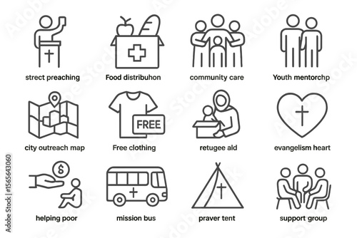 Community outreach icons: food, support, refugee aid, mentorship, charity