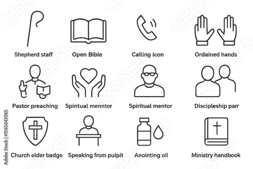 Religious symbols and roles in christian ministry icon set