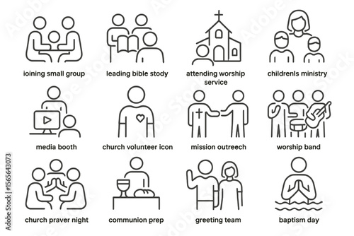 Church activities icons: worship, bible study, volunteer, outreach, communion