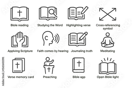 Christian symbol icons: reading, studying, journaling, meditation, preaching