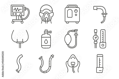 Medical equipment icons: ventilator, oxygen mask, regulator, respirator devices