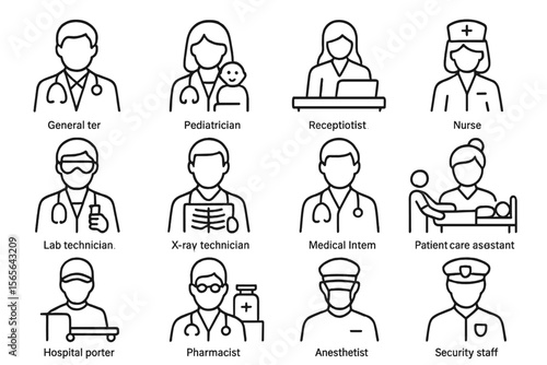 Medical staff illustrations: roles and uniforms in healthcare setting