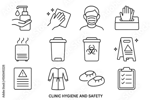 Clinic hygiene and safety icons: sanitizer, mask, waste, biohazard, warning