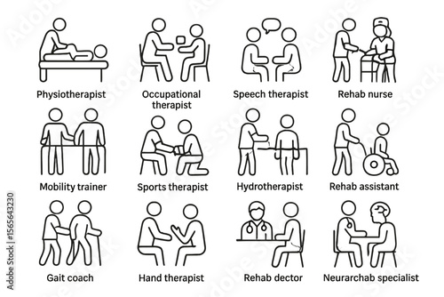 Various rehabilitation specialists with patients in medical settings