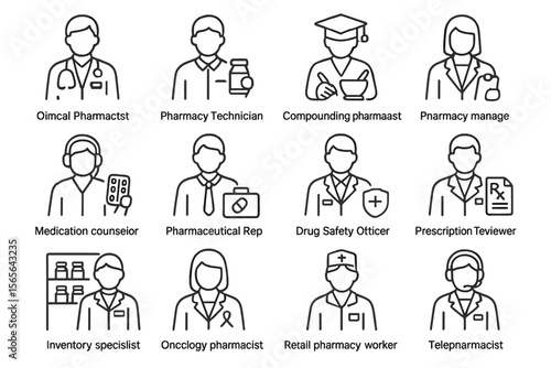 Various pharmacy roles icons on gray background