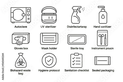 Sterilization icons: autoclave, uv sterilizer, disinfectant, hygiene protocol
