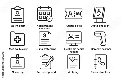 Healthcare icons set: patient chart, appointment, queue ticket, check-in, scanner