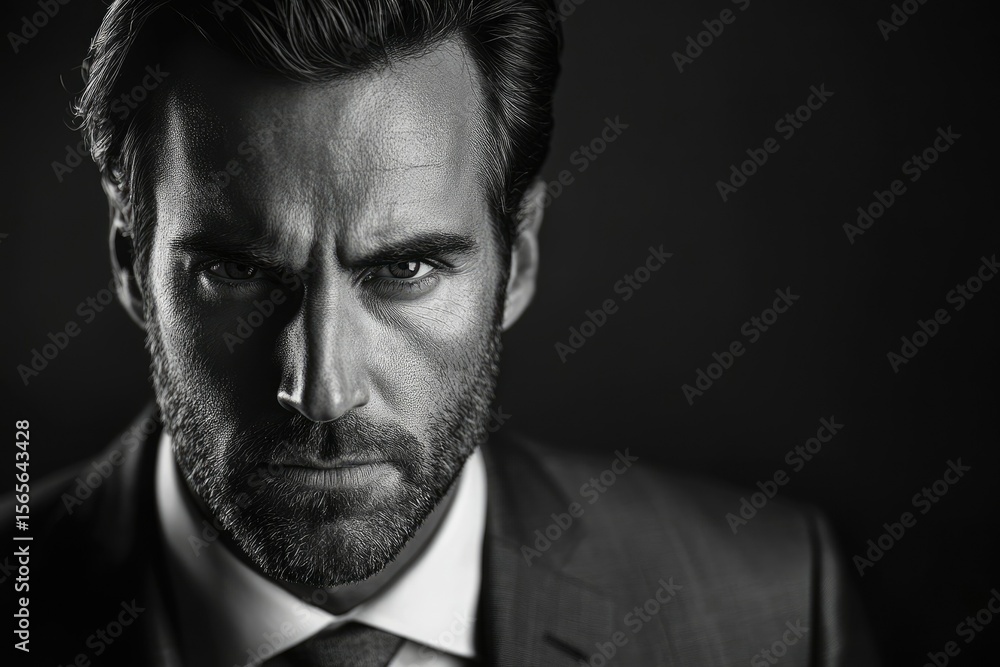 Fototapeta premium A black and white portrait of a serious, intense man in a suit.