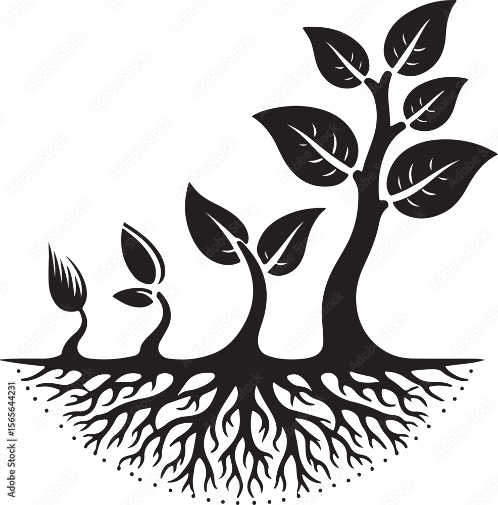 Fototapeta premium Tree Growth Silhouette – From Seedling to Mature Tree Minimal Vector