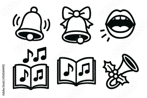 Cartoon icons in black and white for caroling. Minimal, festive design.
