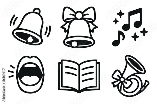 6 black and white bell and music icons. Cartoon vector for Christmas themes.