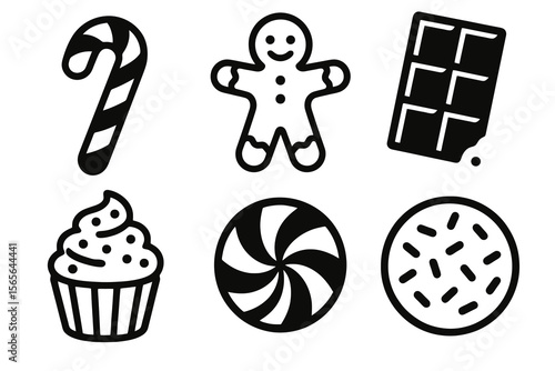 6 black and white sweets icons. Cartoon vector for Christmas treats.
