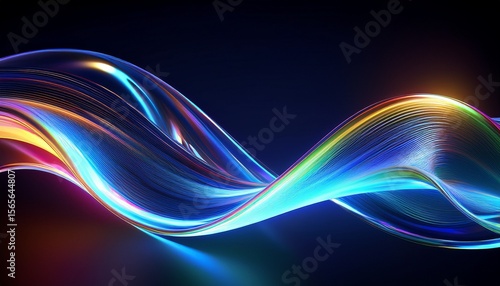 3d abstract liquid glass transparent ribbon wave line on dark blue background render gradient water tape fluid flow curve shape with flare and light refraction on neon black bg crystal curve effec