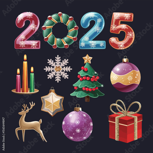 vector Happy New Year Celebrating 2025 in Latin letters , Christmas Decoration Items Santa Claus
