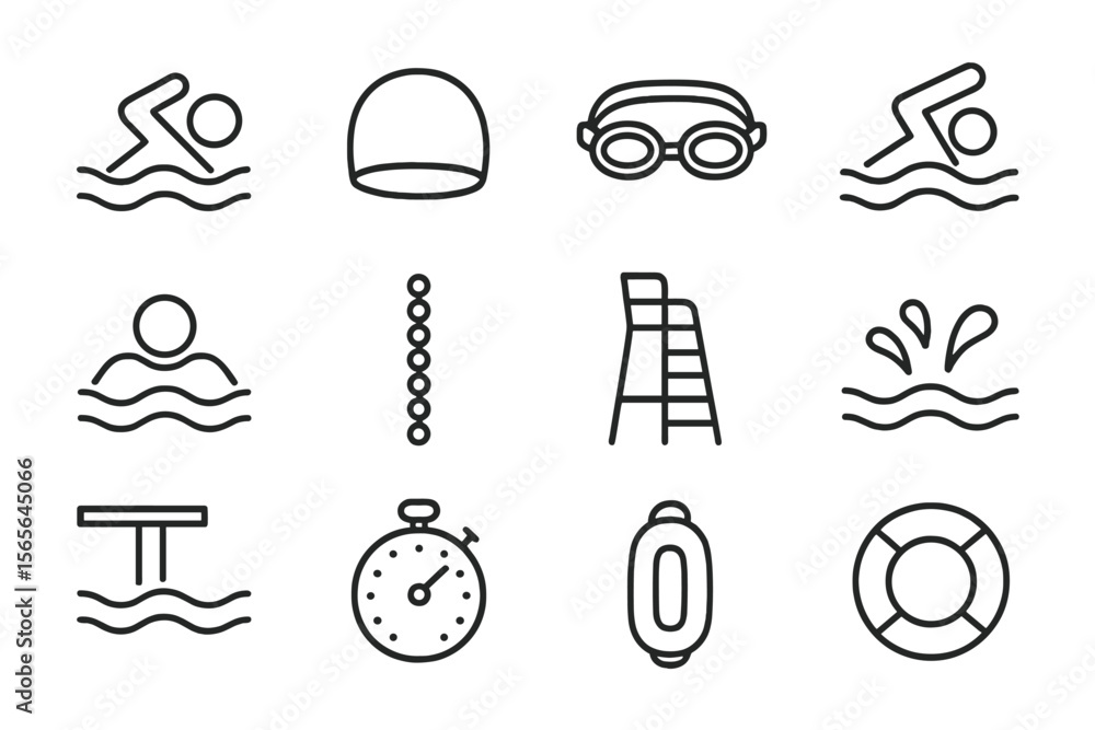Fototapeta premium Icons of swimming: goggles, caps, lanes, and lifeguard essentials