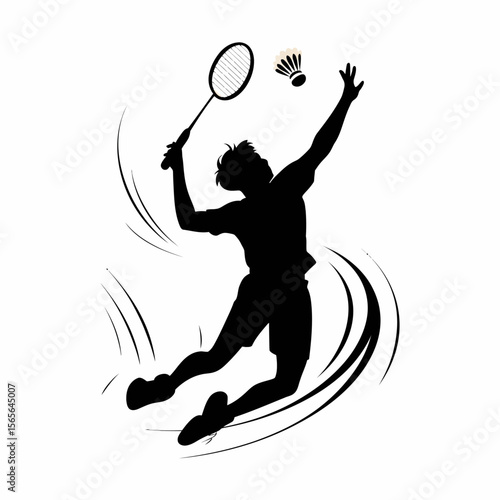 A dynamic silhouette of a male badminton player in action, executing a powerful serve with a shuttlecock mid-air, showcasing athleticism and energy in a sports illustration.

