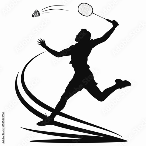 A dynamic silhouette of a male badminton player in action, executing a powerful serve with a shuttlecock mid-air, showcasing athleticism and energy in a sports illustration.

