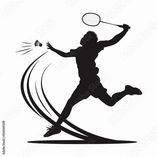 A dynamic silhouette of a male badminton player in action, executing a powerful serve with a shuttlecock mid-air, showcasing athleticism and energy in a sports illustration.

