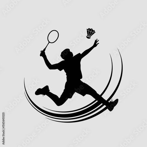 A dynamic silhouette of a male badminton player in action, executing a powerful serve with a shuttlecock mid-air, showcasing athleticism and energy in a sports illustration.

