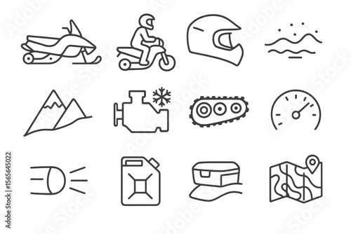 Winter sports icons: snowmobile, mountain, helmet, map, engine, tank