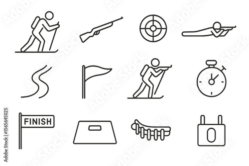 Winter sports icons: biathlon, skiing, shooting, stopwatch, finish line, target