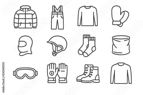 Winter sports gear icons: jacket, gloves, helmet, boots, goggles